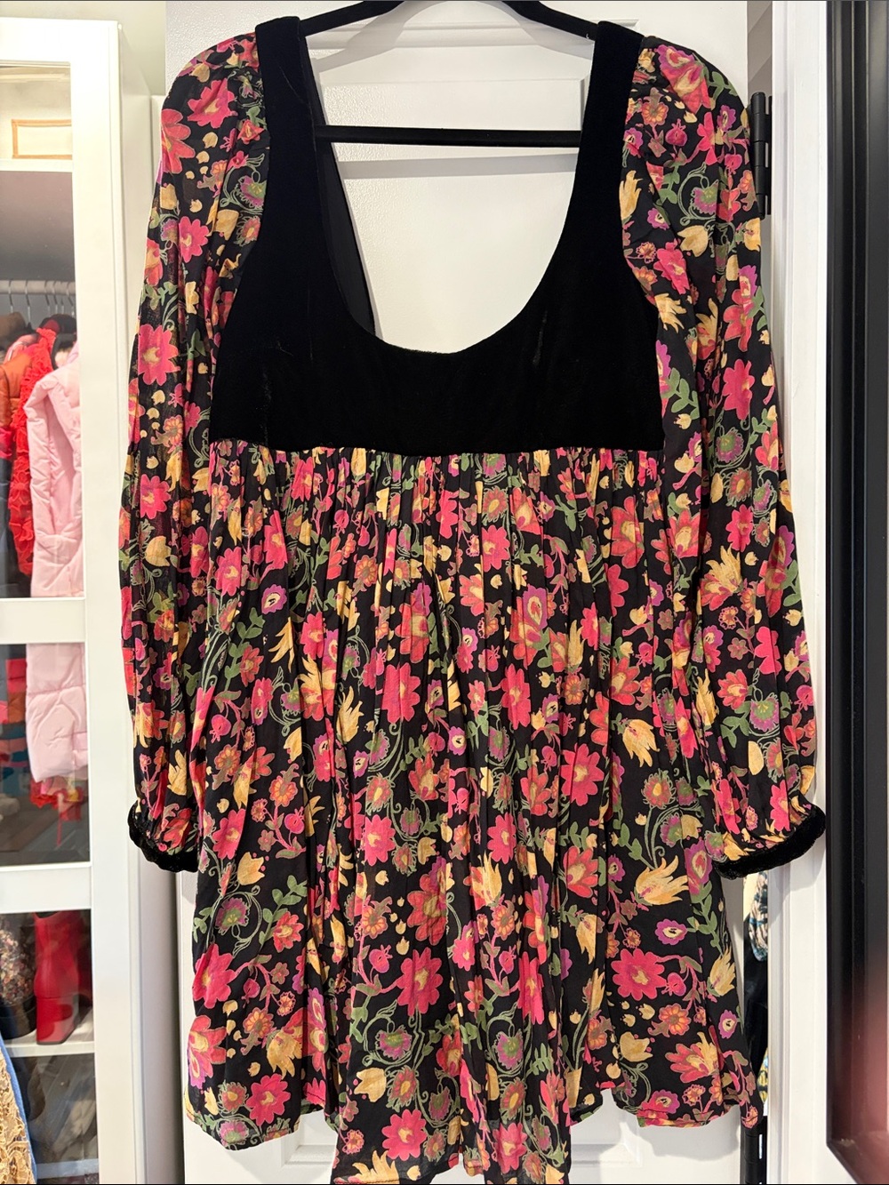 Free People Black Floral Mini Dress with Pink and Yellow Blooms